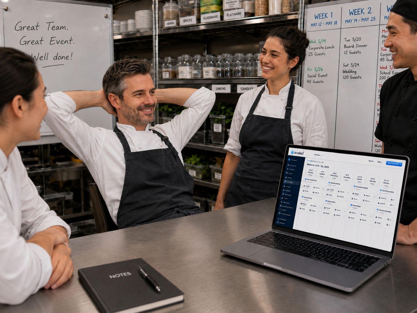Relaxed kitchen team beside the Scaled prep board on a laptop