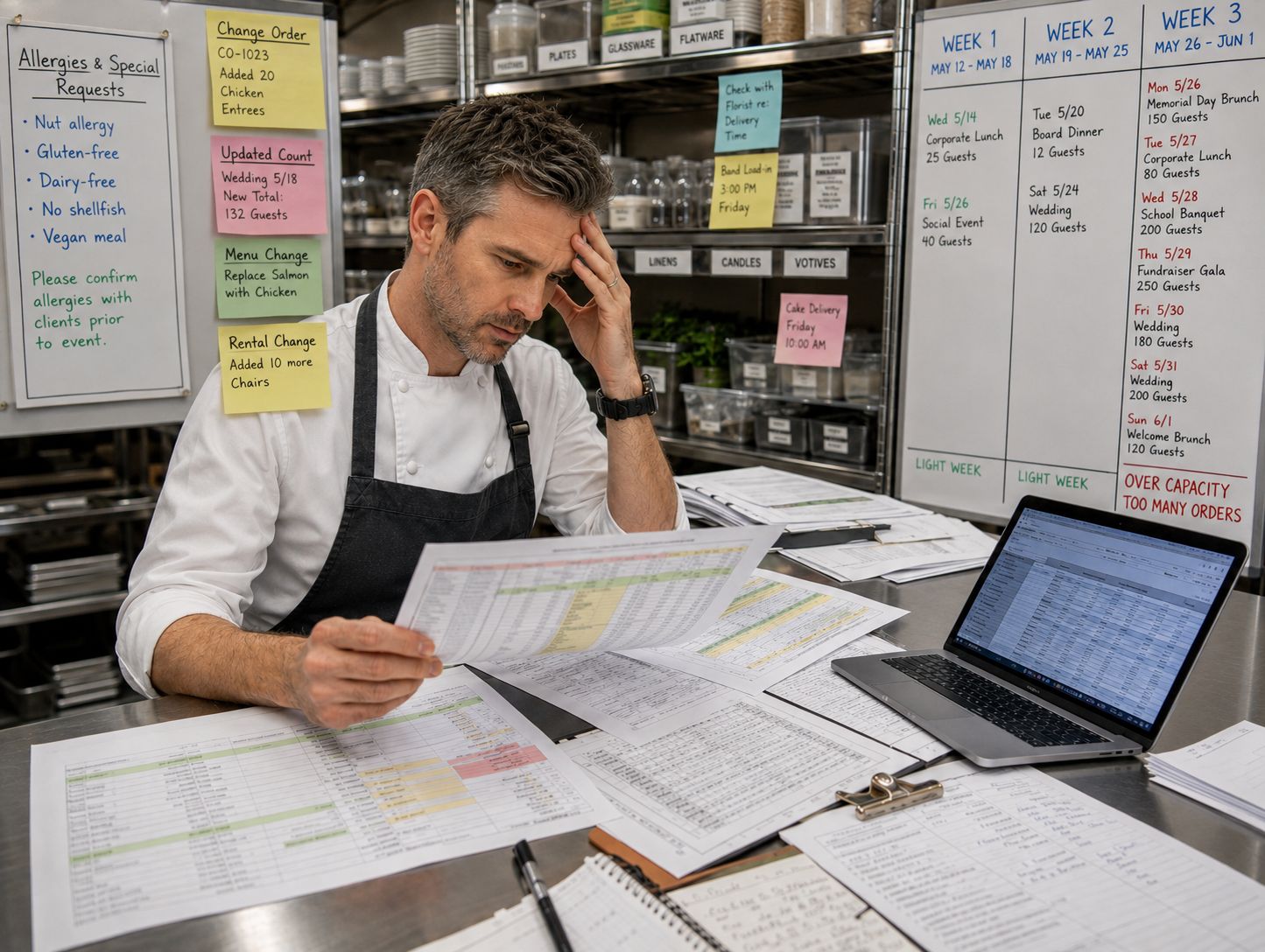 Chef at a cluttered desk working through paper orders and spreadsheets