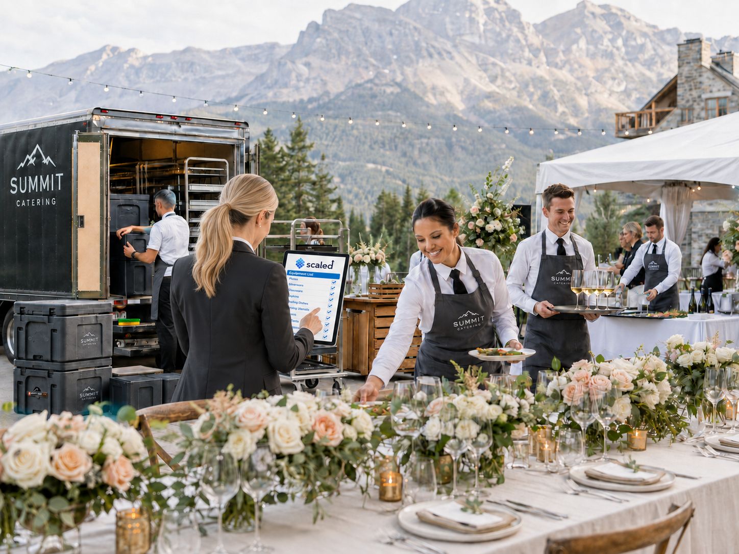 Outdoor catered event with tables set and staff serving
