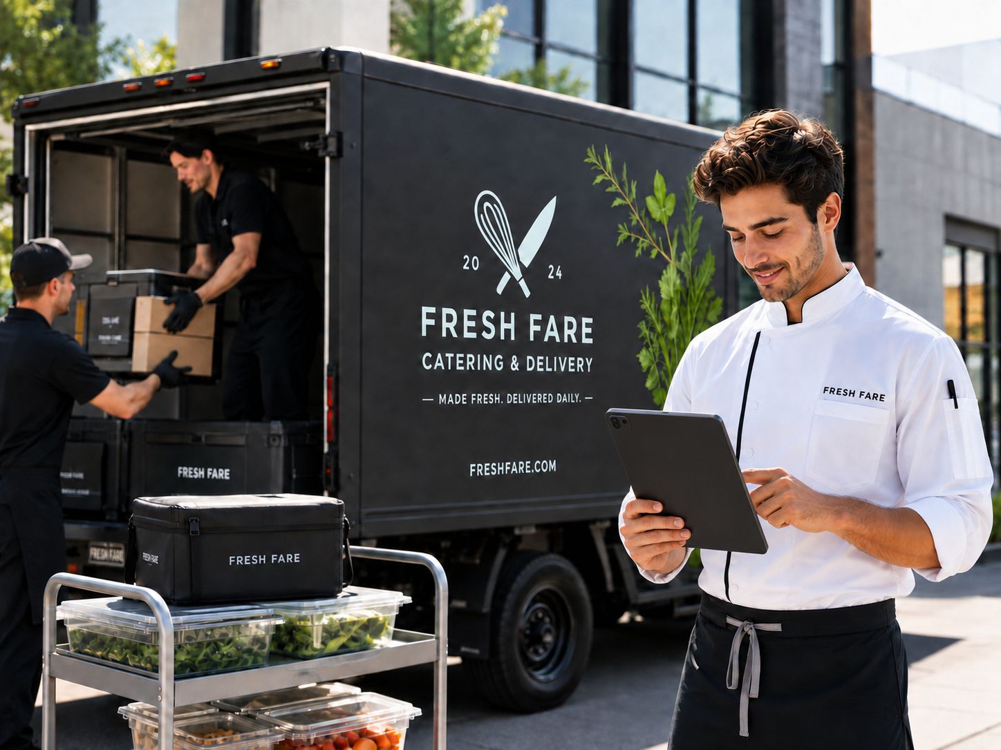 Chef with a tablet beside a Fresh Fare catering delivery truck