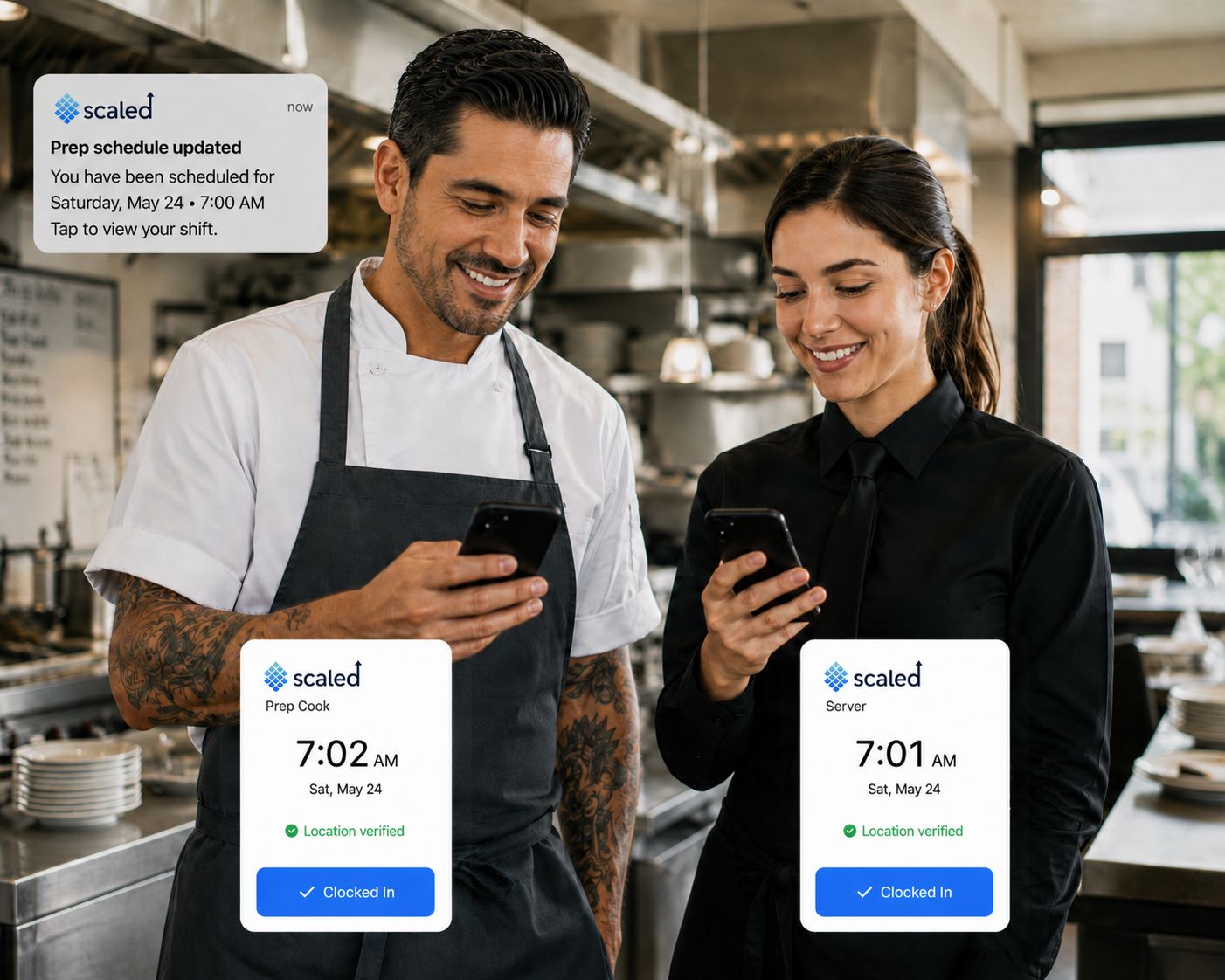 Two kitchen staff clocking in on their phones