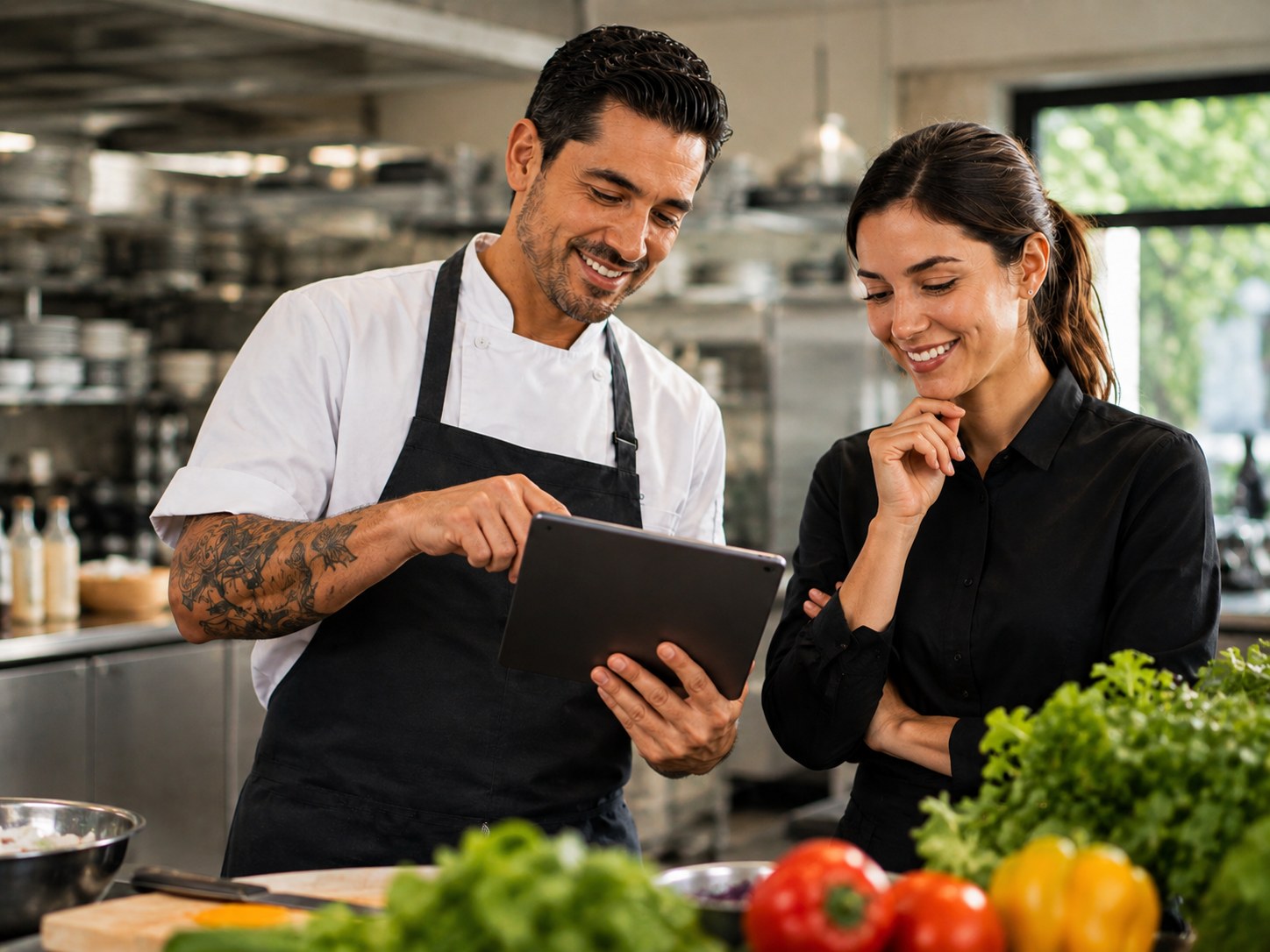 Two kitchen staff working through setup together on a tablet