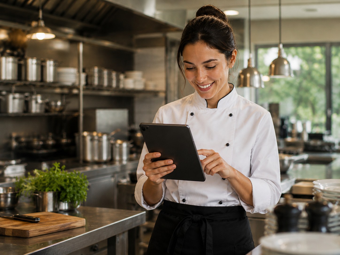 Chef using the in-app support chat on a tablet