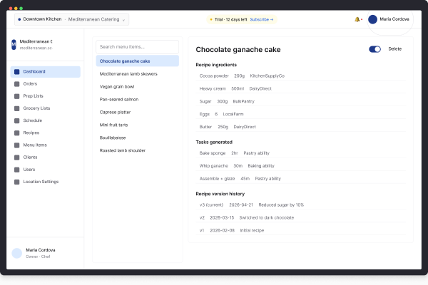 Scaled menu and recipe library with ingredients, tasks, and version history