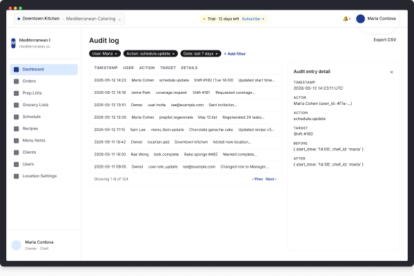 Scaled audit log table listing every team action with actor, time, and detail