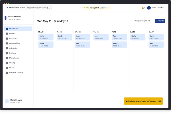 Scaled weekly schedule view showing chef shifts across the week with a conflict alert